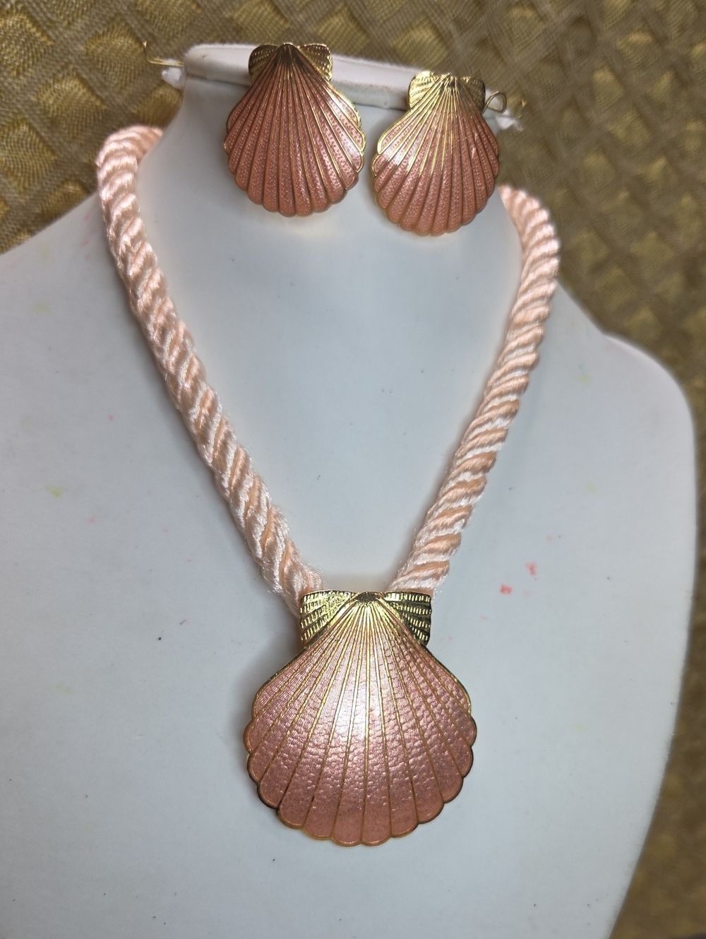 Vintage SITI Cloisonne Seashell Pendant Necklace & Earrings Set - Pink Gold